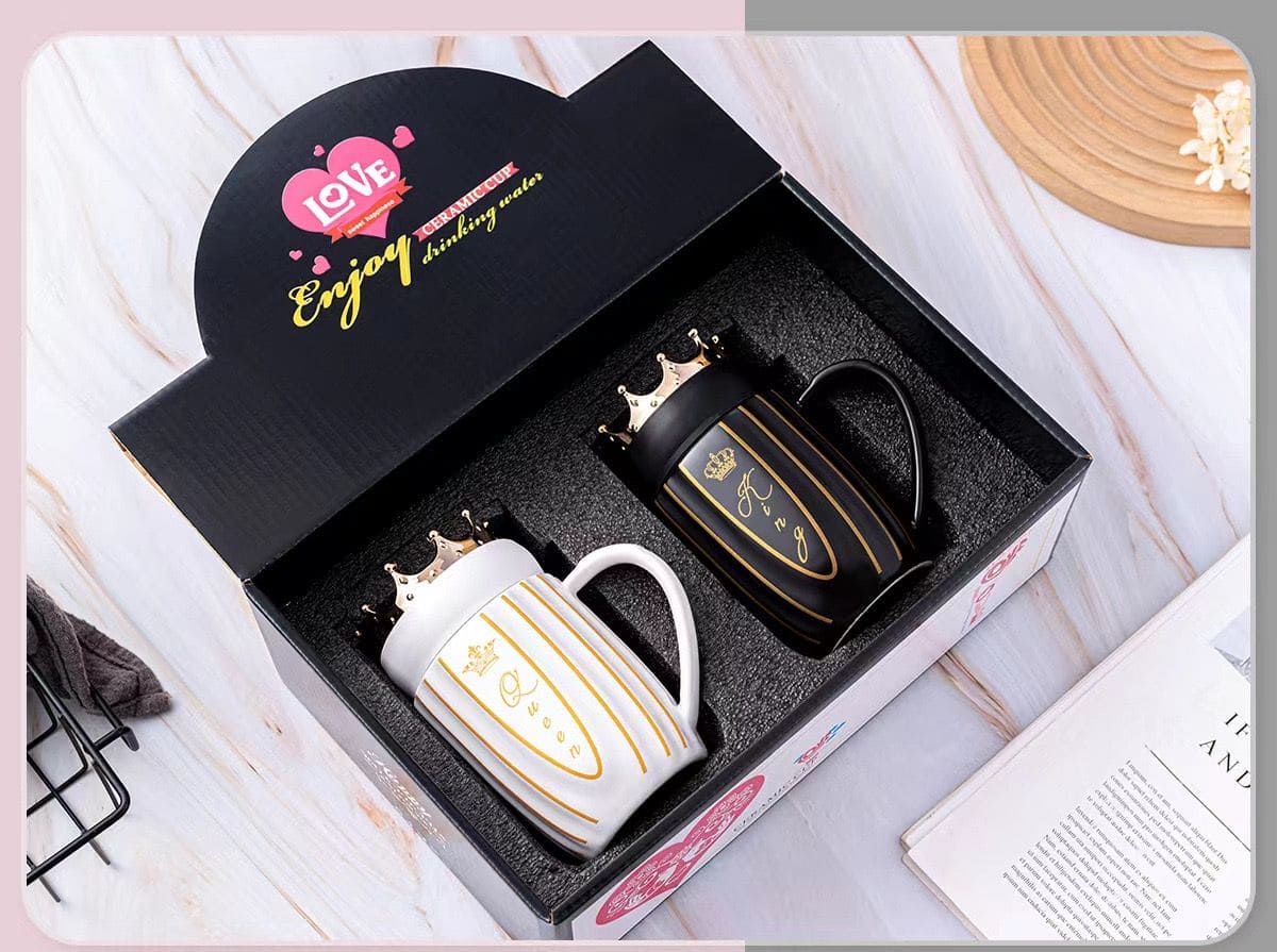 King Queen Couple Mug, Elegant Ceramic Mugs With Crown Lid, King and Queen Camping Ceramic Coffee Mugs King Queen Couple Mug, Elegant Ceramic Mugs With Crown Lid, King and Queen Camping Ceramic Coffee Mugs